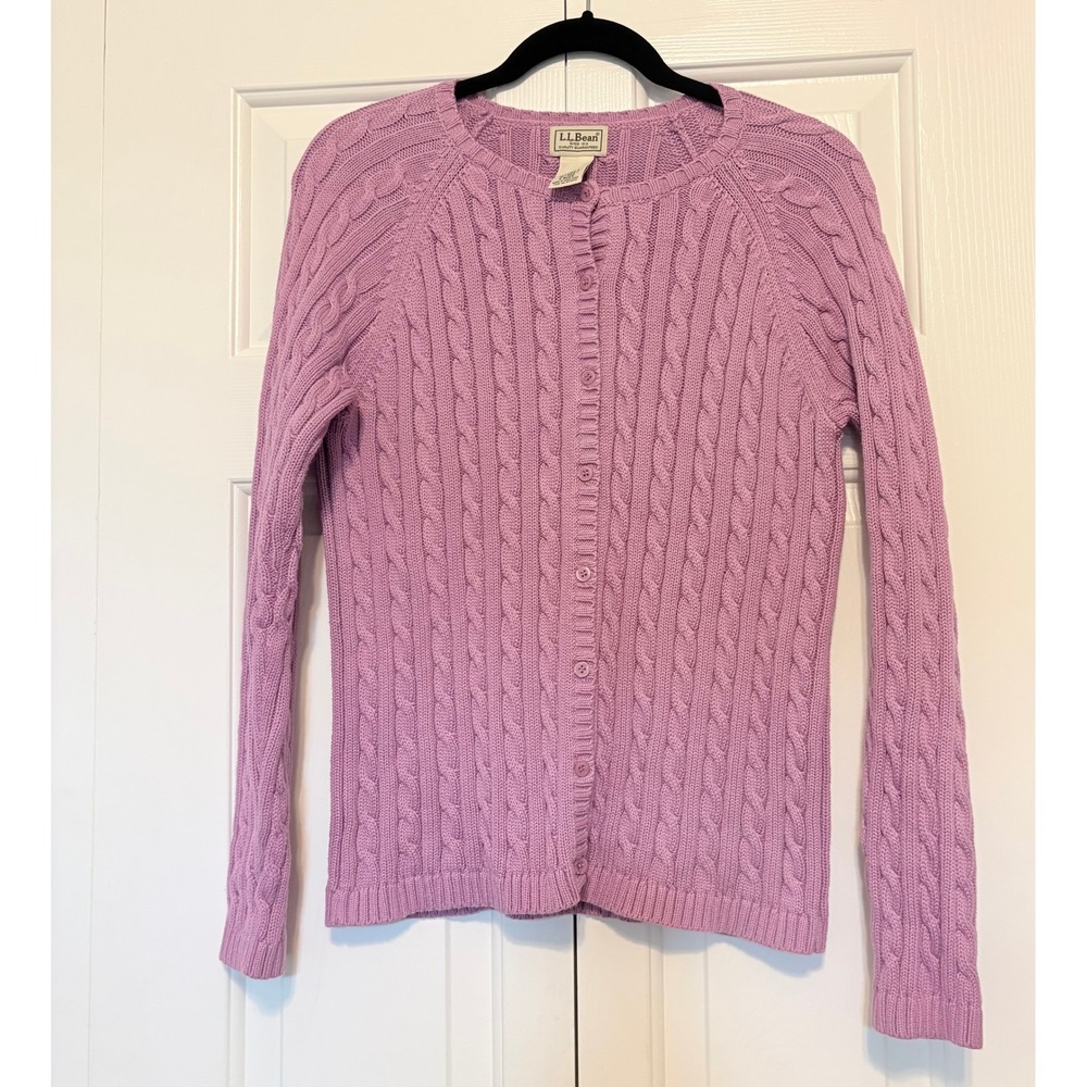 LL Bean Womens Purple Cable Knit Cotton Cardigan Sweater Medium OBUG5